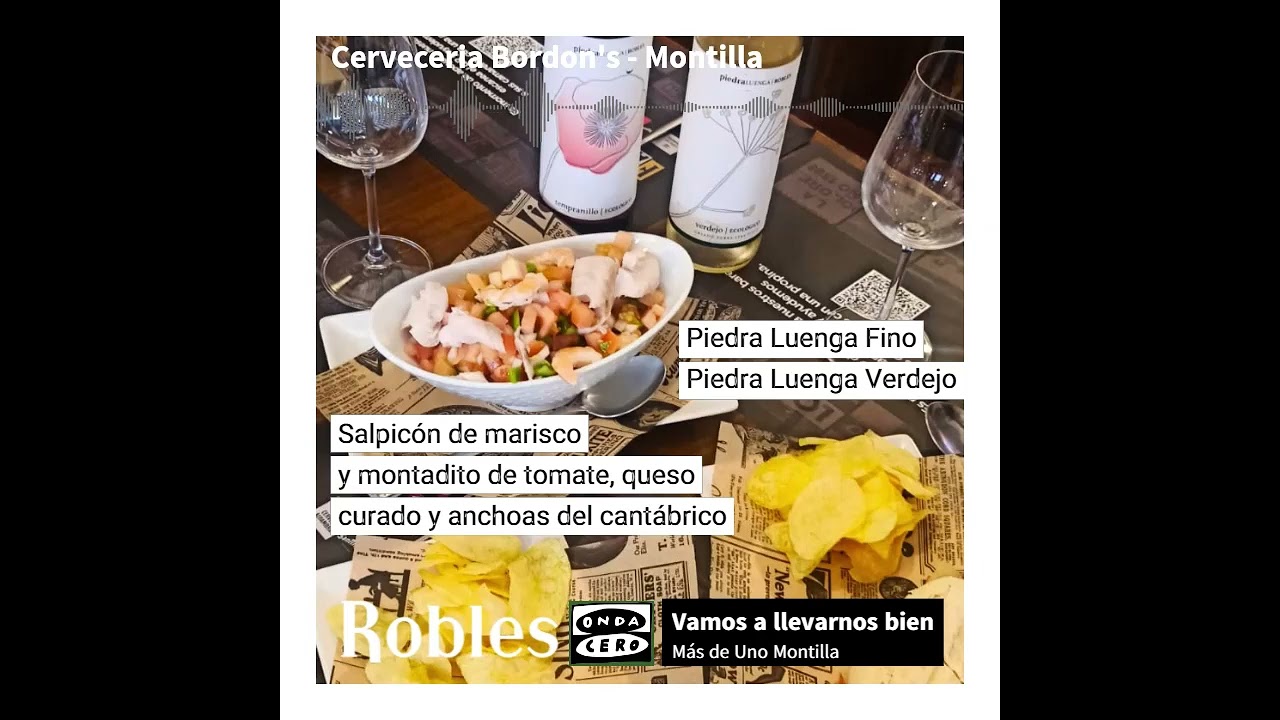 Salpicón de marisco y montadito de anchoas del Cantábrico con Fino y Verdejo ecológicos