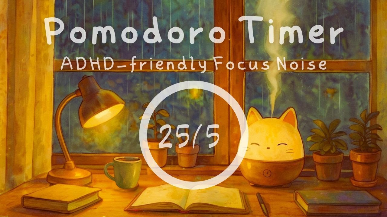 Pomodoro Timer for ADHD | 25/5 Focus with Brown Noise & Rain Sounds 🌧 | 2 Hours