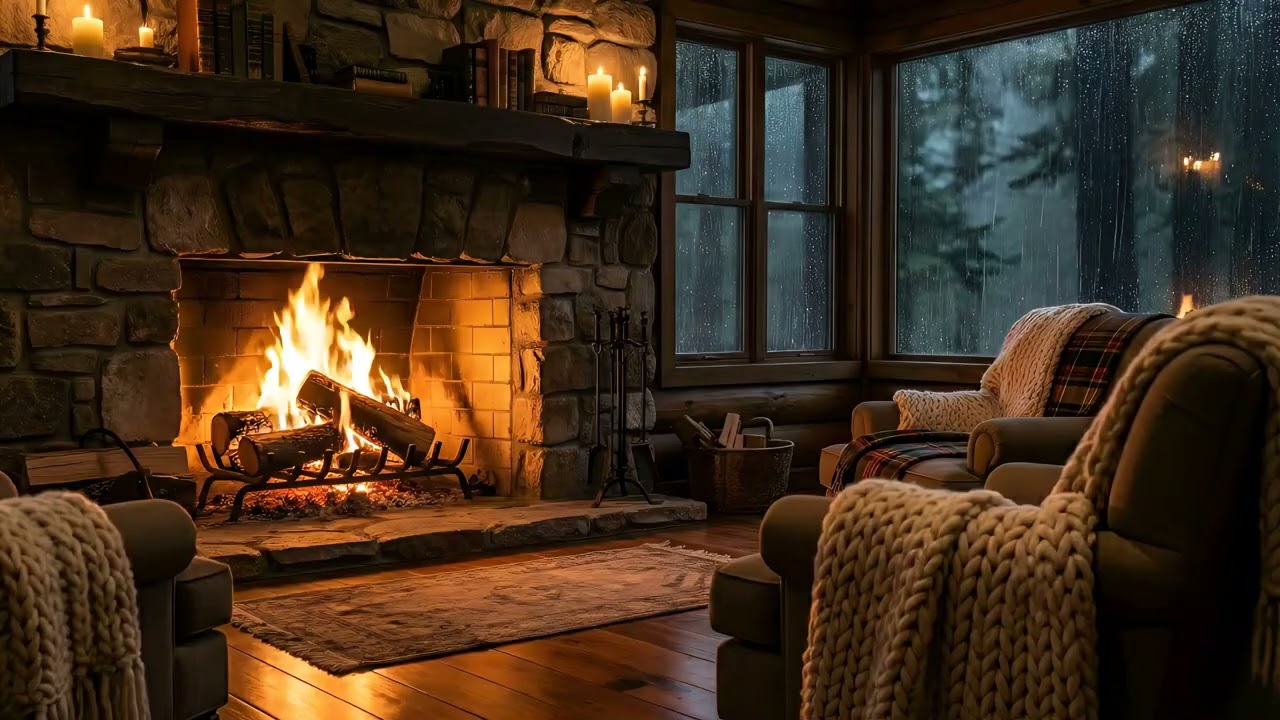 Cozy Cabin Fireplace on a Rainy Night | Deep Sleep Ambience
