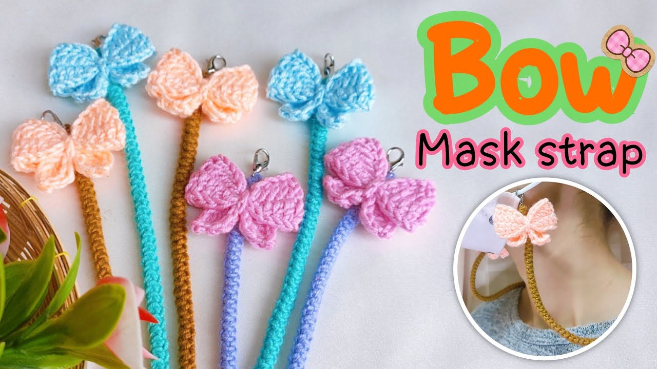 How to crochet mask strap | Cute Bow mask Strap | English pattern | สายคล้องแมสโบว์ | nuya crochet