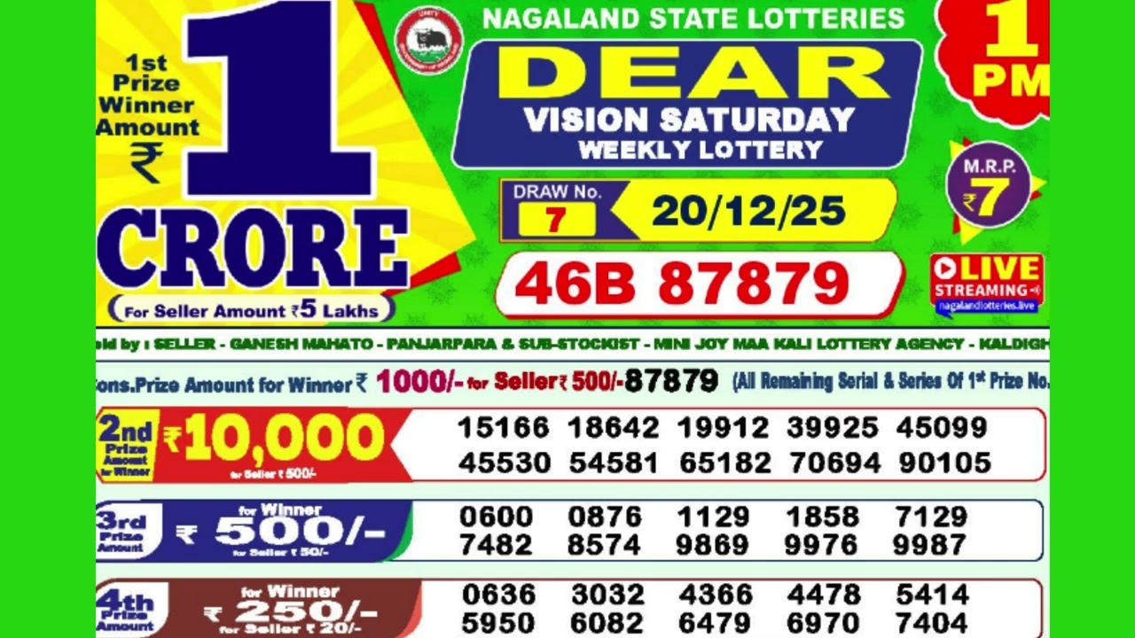 DEAR VISION SATURDAY WEEKLY LOTTERY TODAY RESULT 1 PM 20/12/25#latest lottery result