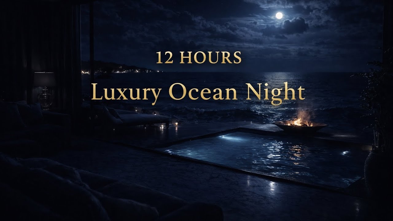 12 Hour Ocean Waves for Sleep | Luxury Midnight Villa & Firepit Ambience