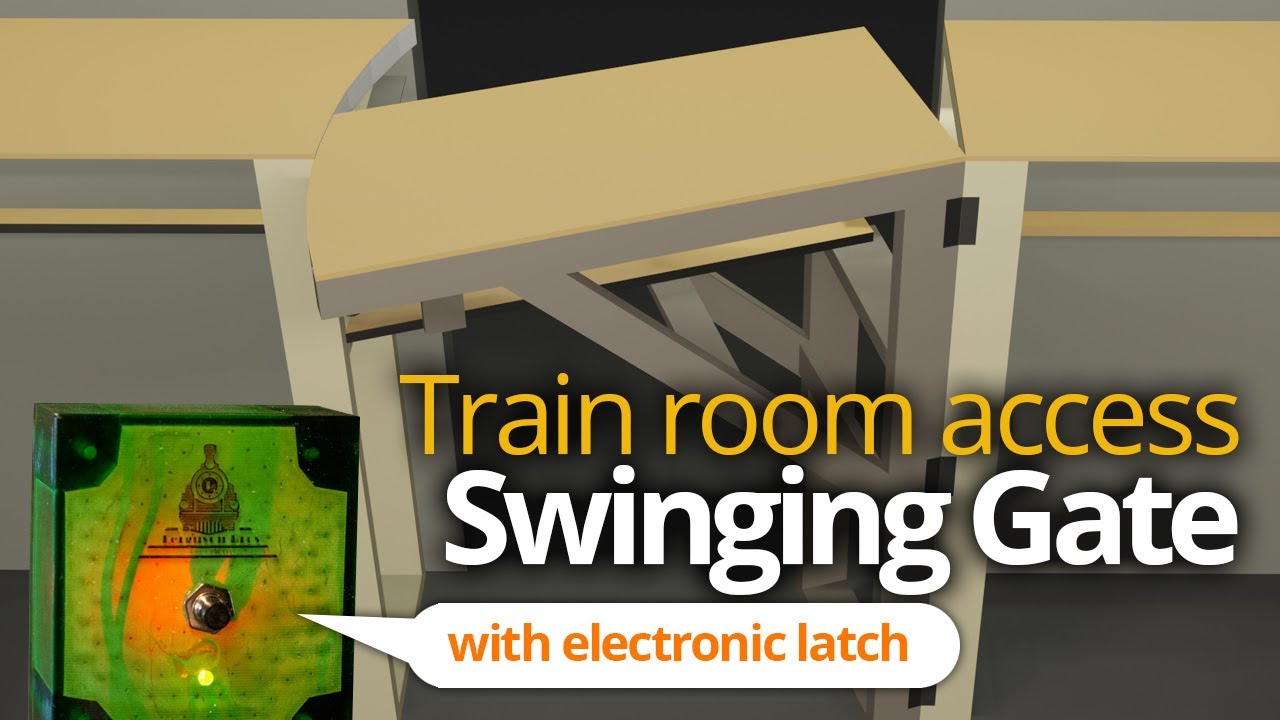 Swinging door for model layout room access with electronic latch