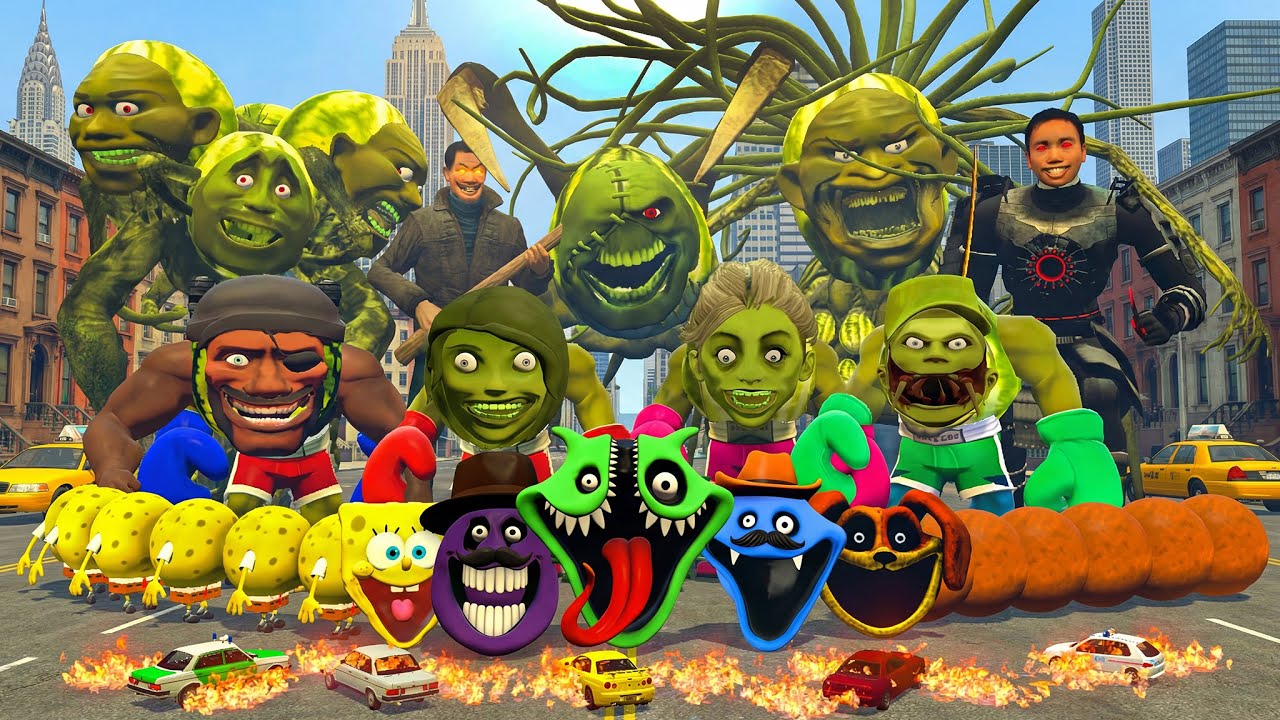 Ultimate Showdown Hungry Snake 3 Family vs Lin Gang Melon Monsters Bosses Big City in Garry's Mod ?!