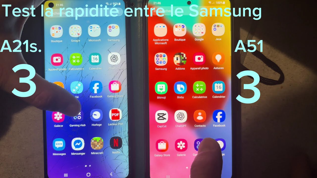 Test de rapidité les application entre le téléphone Samsung A21s et A51