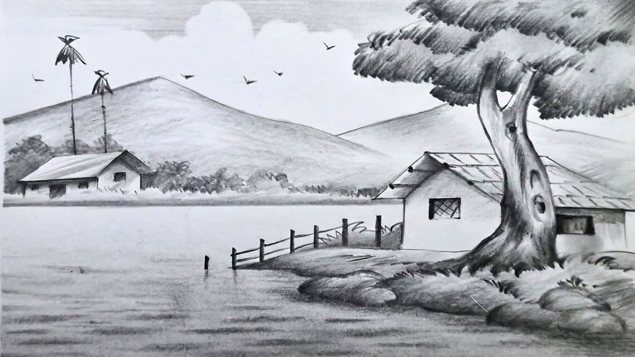 The Simple Charm Of Village Huts And Majestic Mountains pencil drawing and shading/গ্রামের দৃশ্য