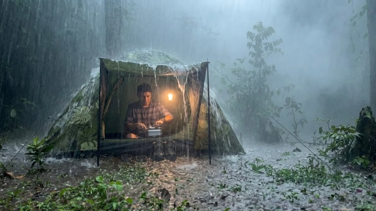 MOST RELAXING SOLO CAMPING WITH HEAVY RAIN || FULL DAY AND NIGHT WITH VERY HEAVY RAIN