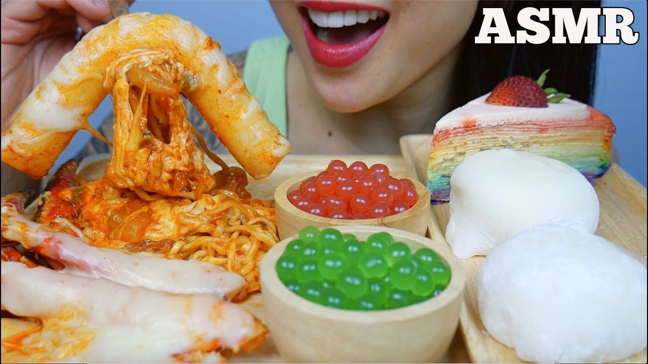 ASMR CHEESY KING CRAB GIANT RICE CAKE NOODLES POPPING BOBA CREPE CAKE MOCHI (NO TALKING) | SAS-ASMR