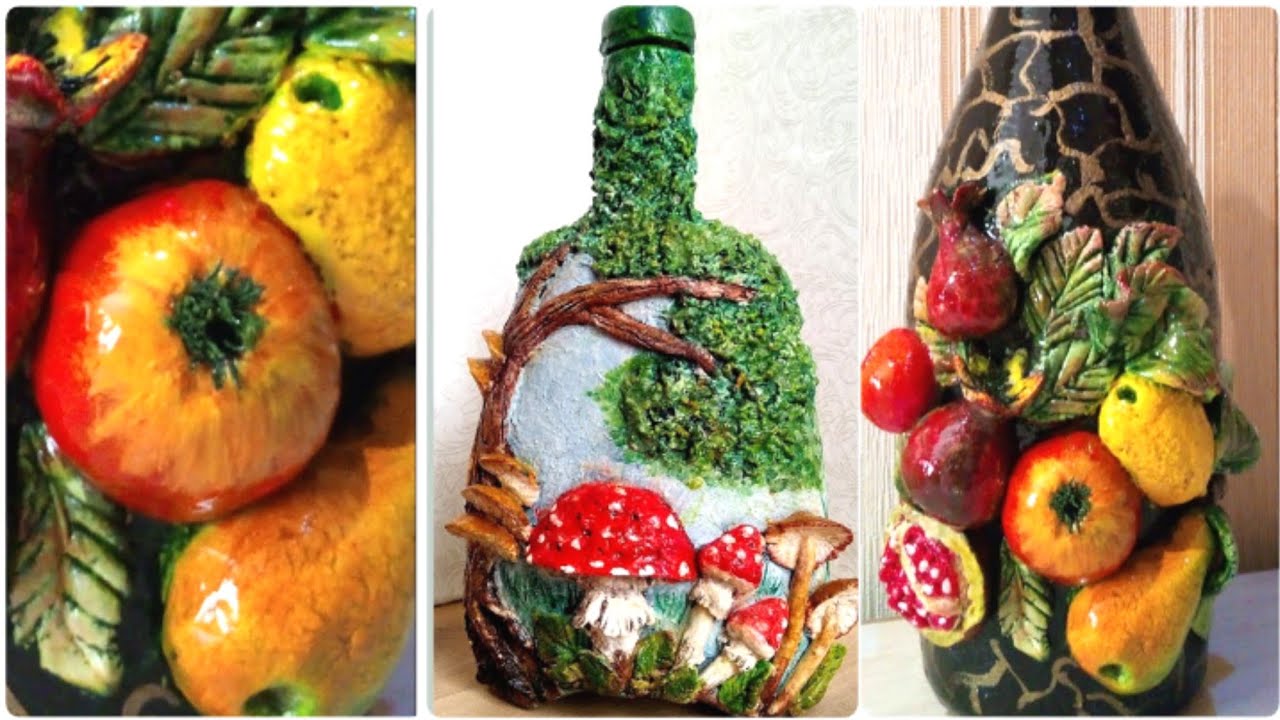 2 Идеи лепного декора бутылок. Осенние поделки своими руками. Amazing  bottle decor ideas.