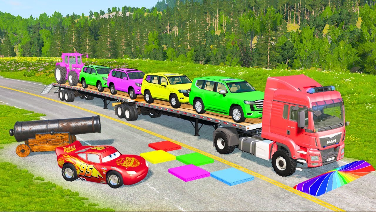Flatbed Truck McQueen | Transportation with Truck - Pothole vs Car #49 | BeamNG.Drive Gameplay