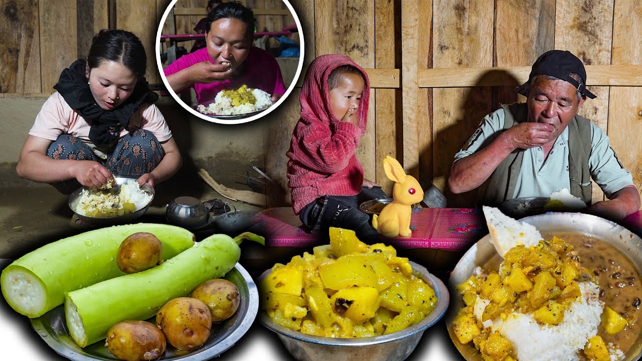 #LAUKA Gourd & Potatos mix Recipe || gourd vegetable recipe with Rice | New Nepali Village food Vlog