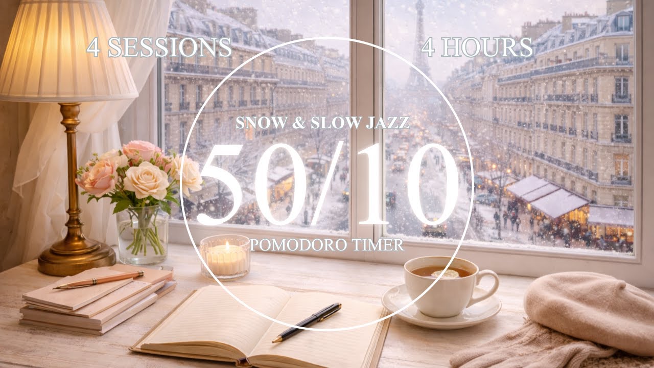50/10 Pomodoro Timer ⏳ | Snowy Paris View ❄️ | Snow Sounds + Slow Jazz | Improve Attention & ADHD 🧠