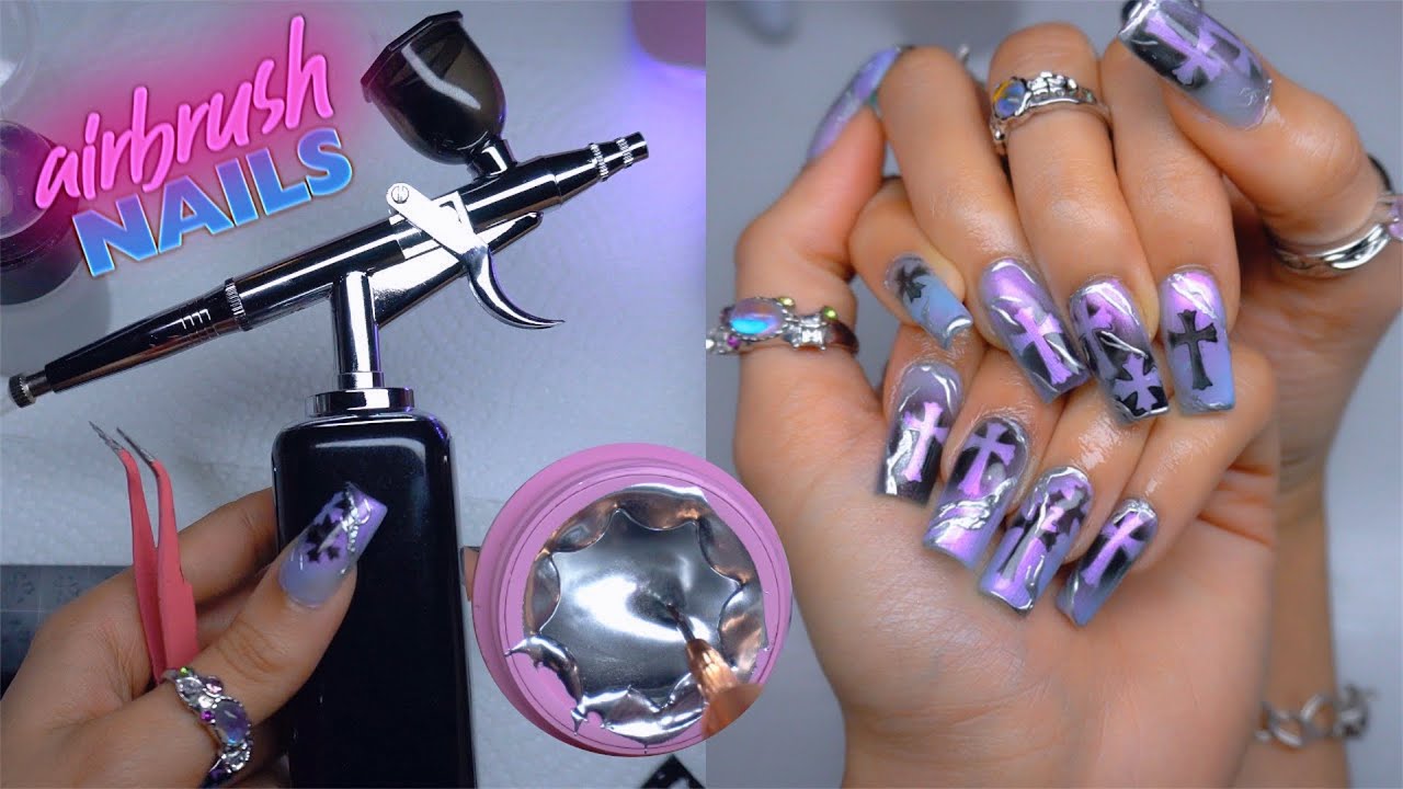 Airbrush Nails DIY Easy for Beginners | New Enail Silver Gel | Di-Chromatic Cross Soft Gel Nails Art