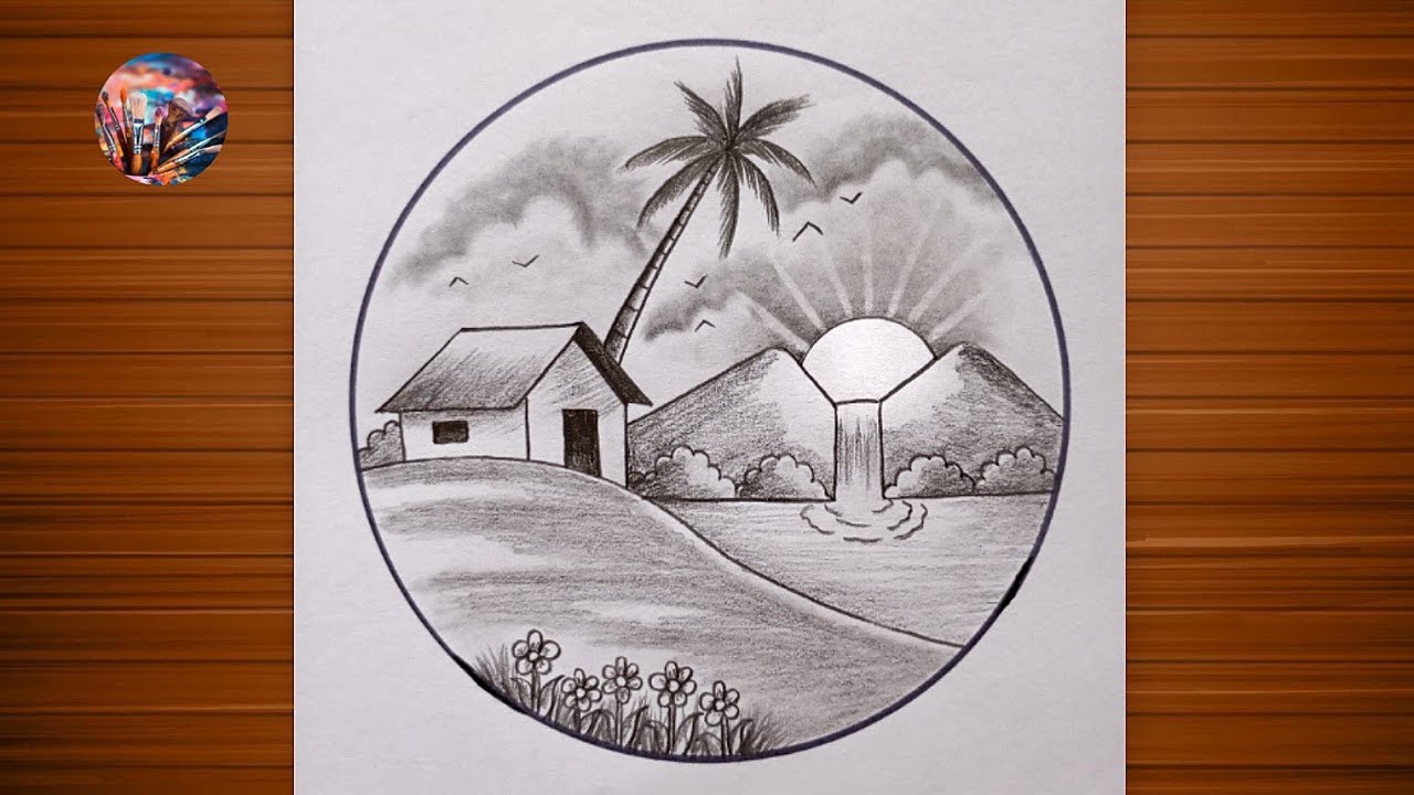Easy Circle drawing | Drawing Lesson for beginners | Sunset scenery in circle drawing