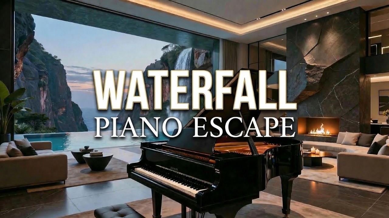 Relaxing Piano Music For Relaxing | Cozy Waterfall & Fireplace Ambiance