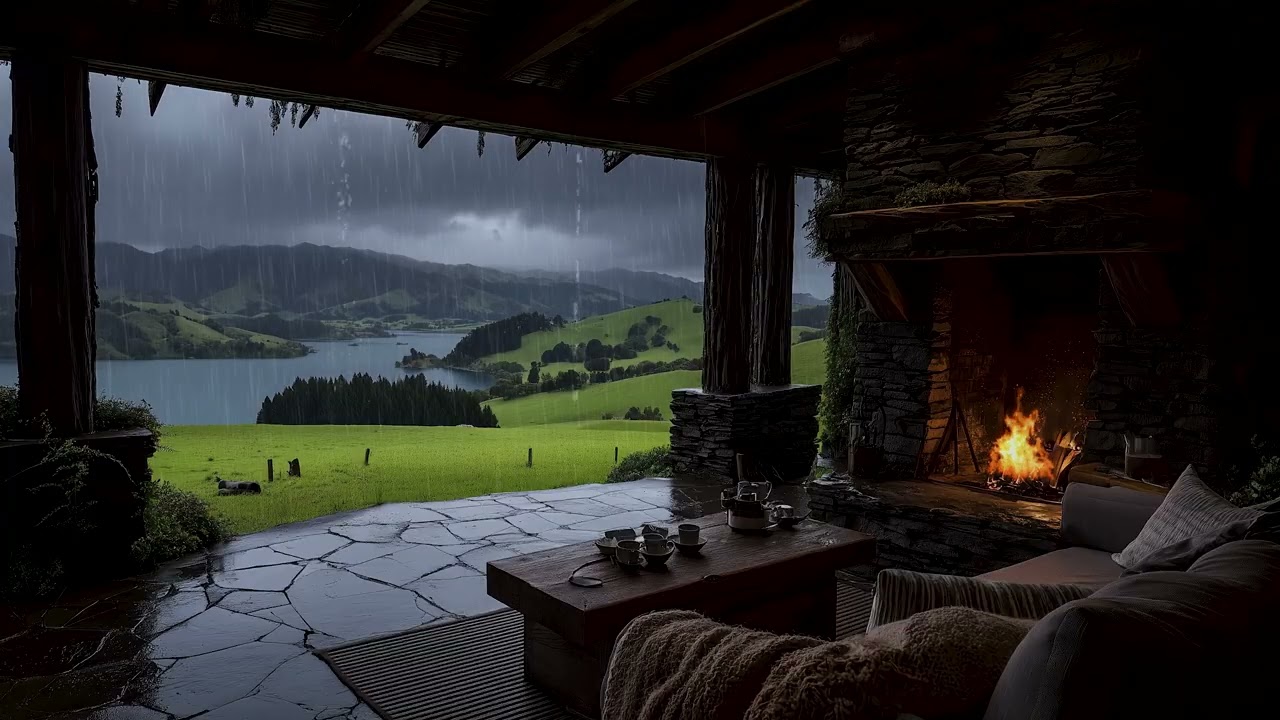 Heavy Rain and Fireplace on a Cozy Cabin Terrace 🌧️ Peaceful Mountain Ambience for Sleep
