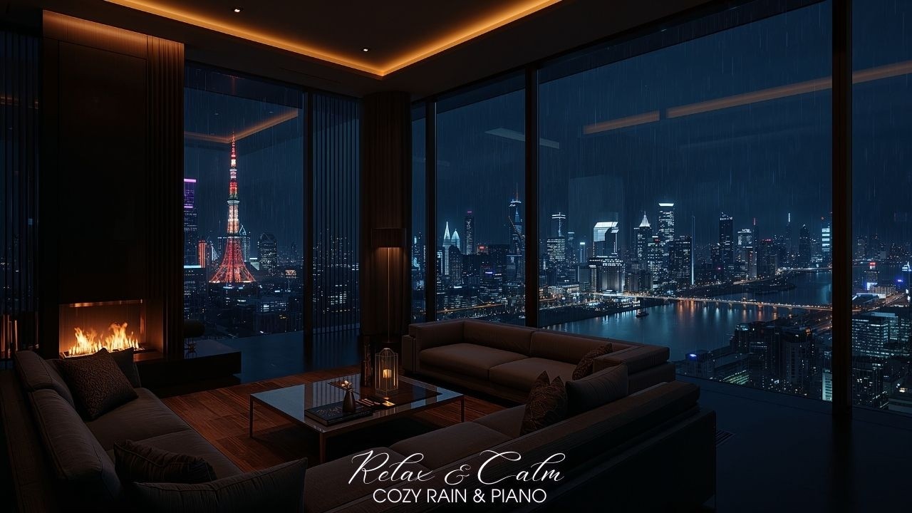 Midnight City Rain & Soft Piano 🌧️🔥 | Luxury Night Calm, Deep Sleep, Urban Serenity | 24/7