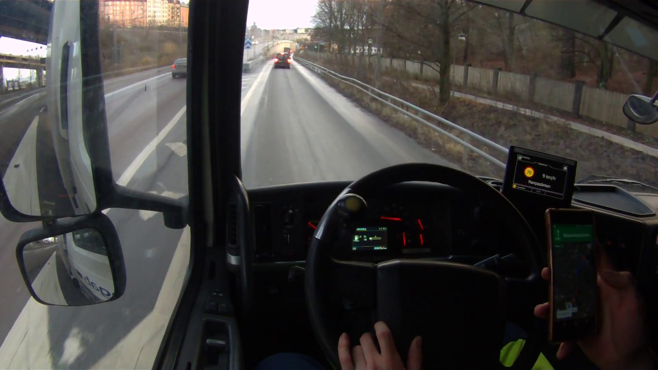 Volvo FM Driving thru Stockholm City from Solna huvudsta to Jordbro. Sweden