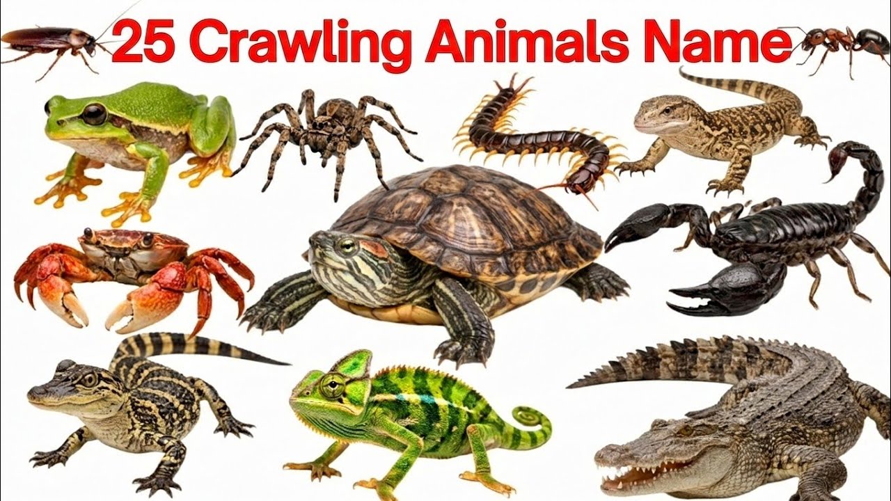 25 रेंगने वाले जानवरों के नाम | Crawling Animals Name for Kids Learning | Learn Reptiles & Insects