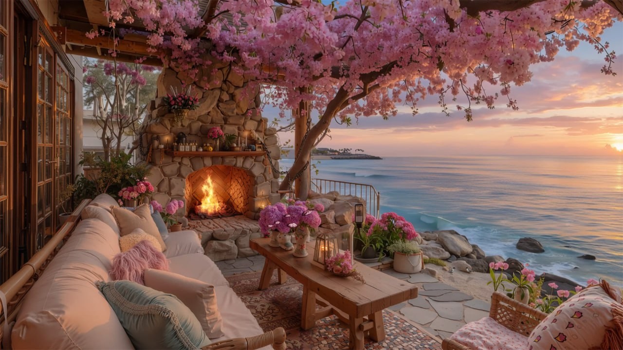 Fresh Spring Ocean Morning 🌸 Gentle Piano, Soft Fireplace & Calm Waves for Relaxation, Work
