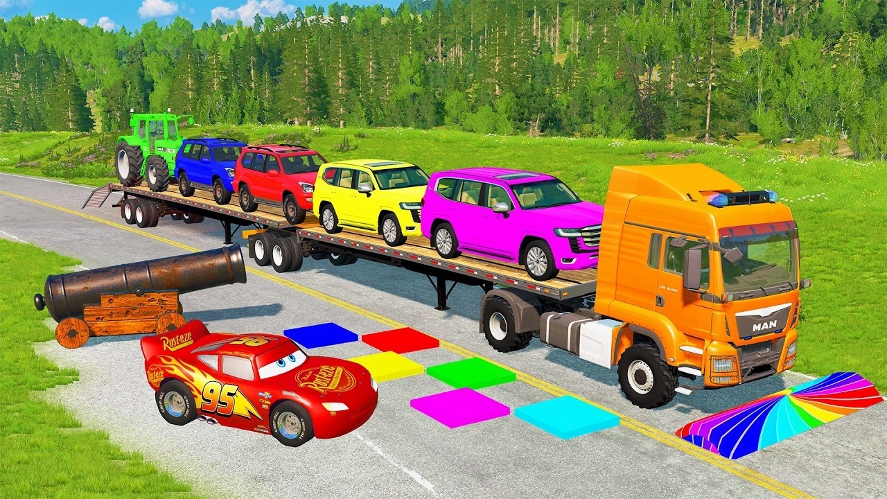 Flatbed Truck McQueen | Transportation with Truck - Pothole vs Car #01 | BeamNG.Drive Gameplay