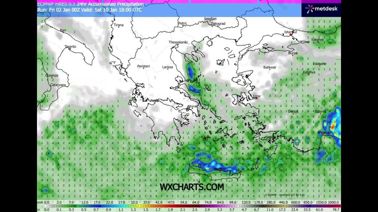 Прогноз погоды ECMWF HRES на 15 дней для Греции | Температура, дождь и снег (WXCharts) 02-01-26