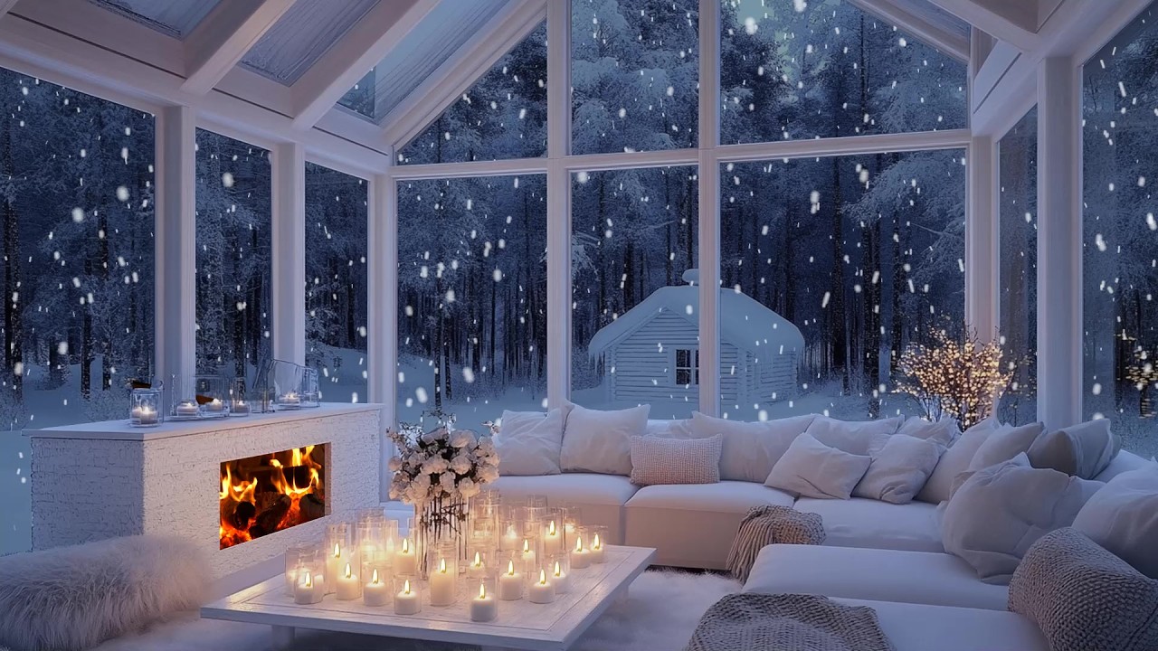 🕯️🎶 Soft Candle Glow Piano Lounge | Snowfall, Fire Inside & Flowers | Meditation Relax Calm