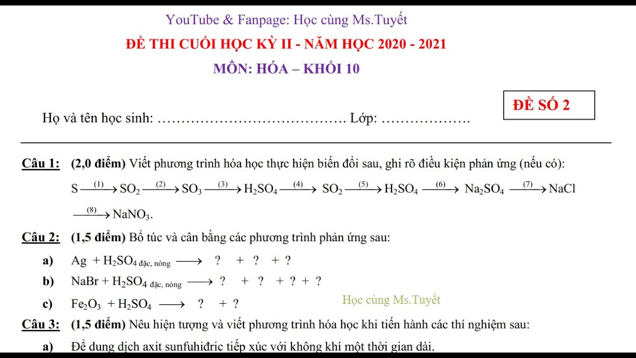 Đề 2 - Hóa Học 10 - Giải Đề Thi Cuối kỳ 2 môn Hóa lớp 10