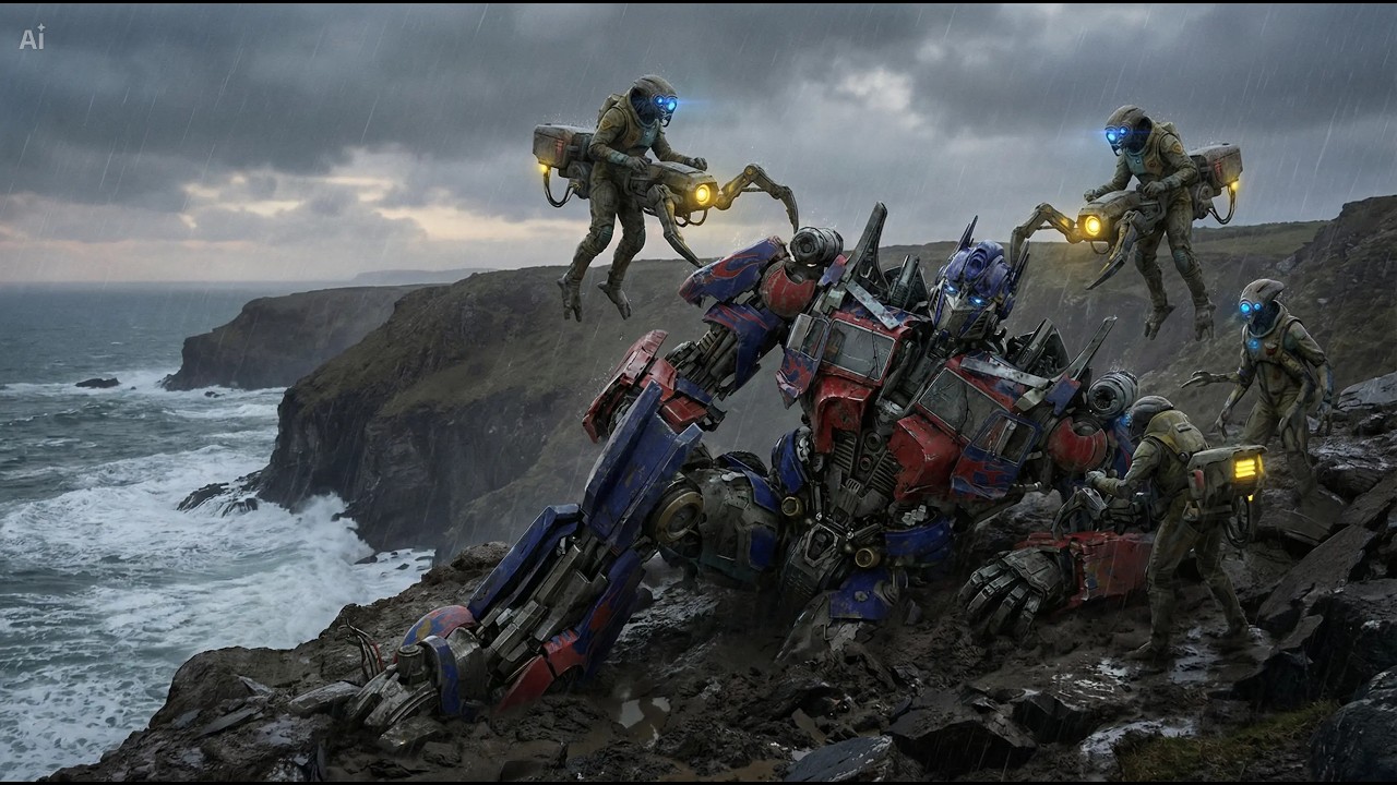 Alien Workers Recover Destroyed Optimus Prime from a Coastal Cliff Mudslide UFO Factory Restoration