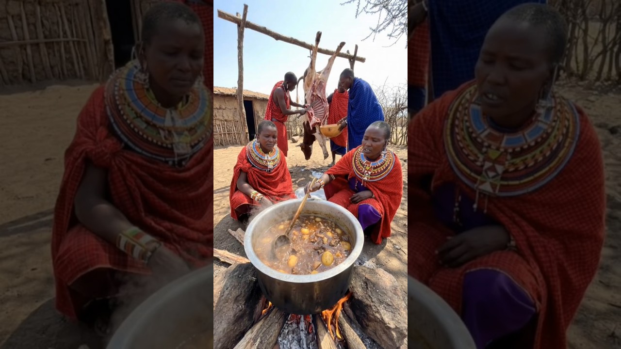 Maasai tribal feast: cooking beef soup in a giant pot. 🐄🔥🍲 #tribalcooking #tribalfood #shorts