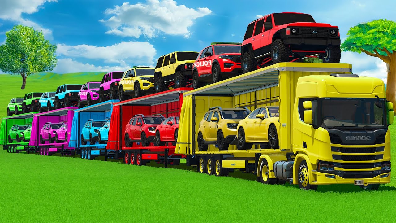TRANSPORTING CONVOY WITH POLICE CARS, DACIA, VOLKSWAGEN, FORD & TRUCKS - FS25