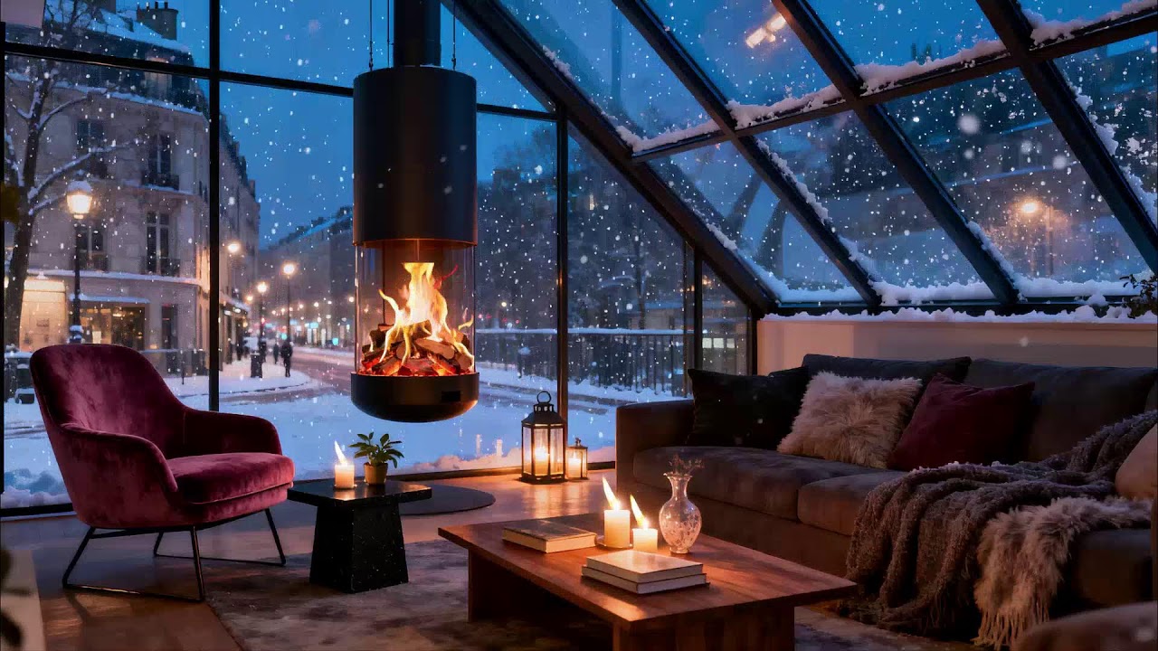 Urban Snow at Nightfall 🔥 Cozy Lounge Fireplace and Quiet Streets