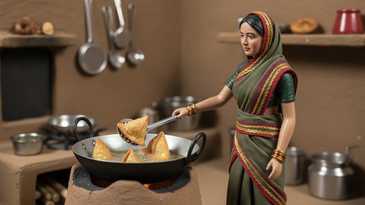 Miniature Doll Samosa Cooking ASMR | Indian Village Tiny Kitchen Cooking.