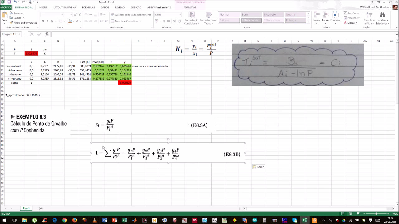 Lei de Raoult - ponto de bolha e ponto de orvalho Excel