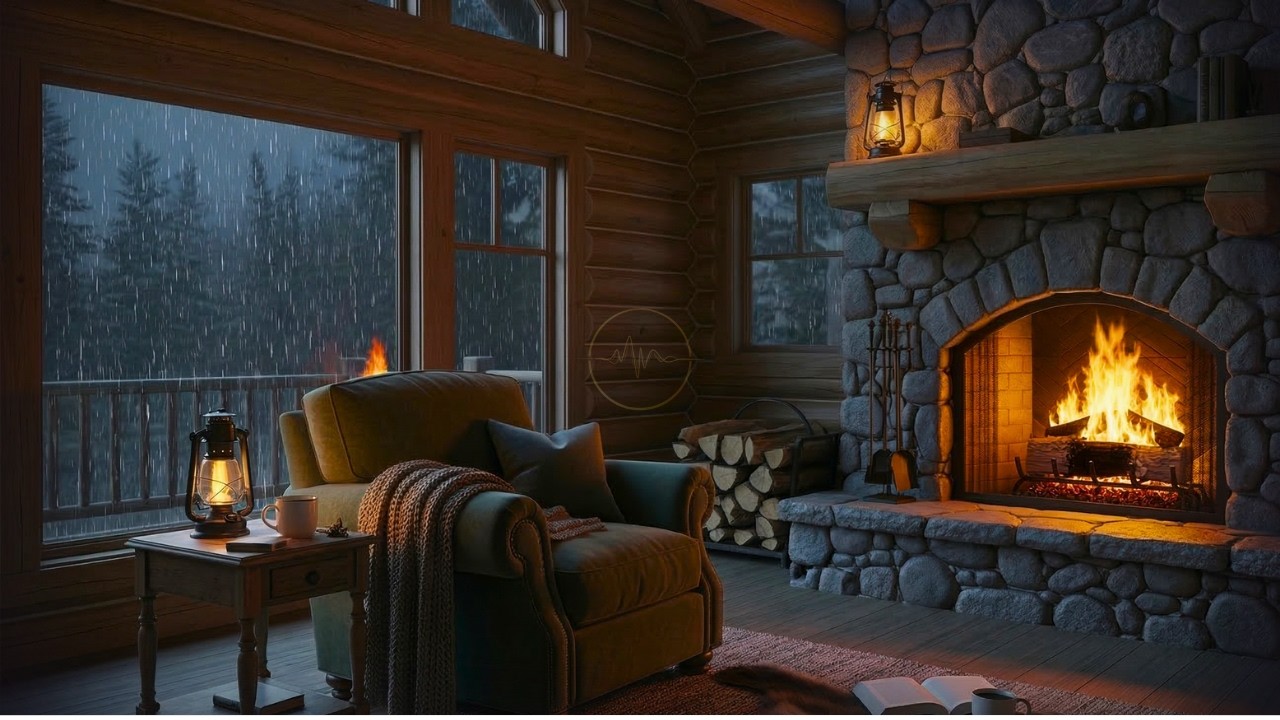 Rain Sounds on Window in Cozy Cabin with Fireplace 🔥 | 8 Hours for Deep Sleep
