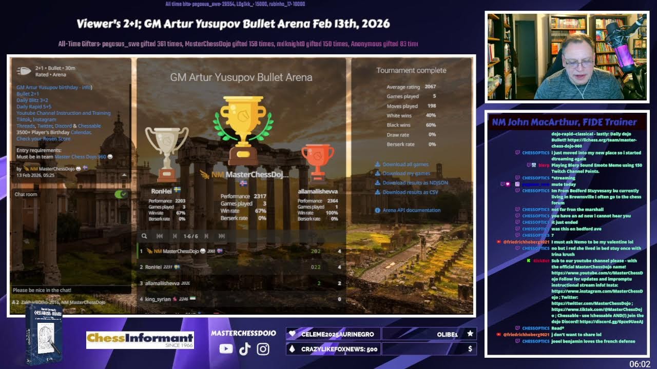 Viewer's 2+1; GM Artur Yusupov Bullet Arena Feb 13th, 2026 Lichess.org