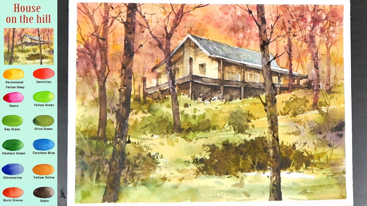 Without Sketch Landscape Watercolor - House on the hill (color mixing) NAMIL ART