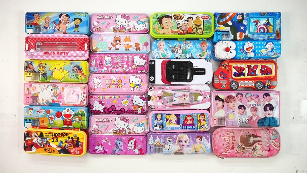 cute unicorn stationery collection 👋 geometry,doreamon,hello kitty,pencil box,sharpener,eraser