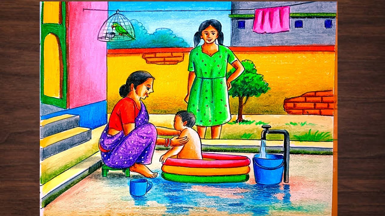 Mother and baby scenery drawing step by step/Mother's day drawing with colour
