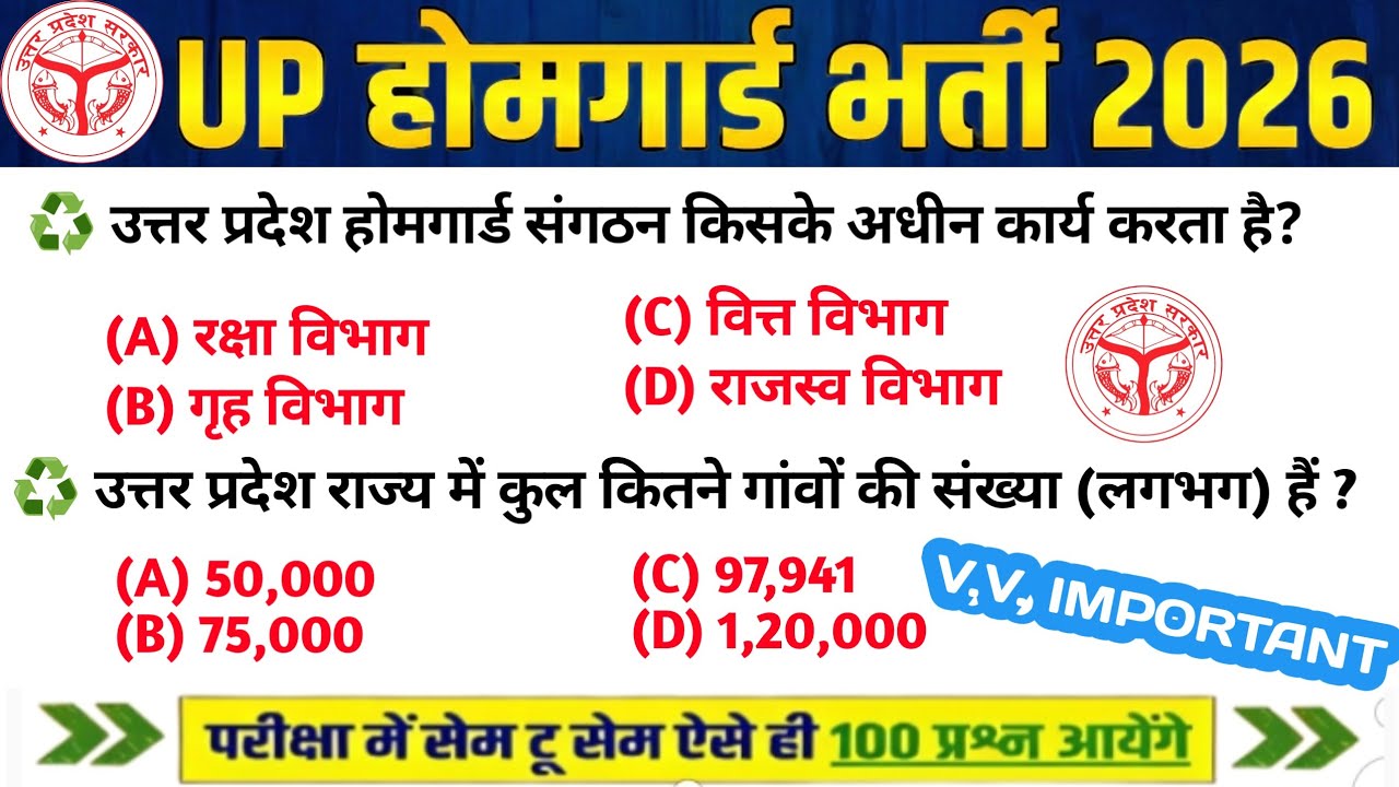 UP Home Guard भर्ती 2025 | UP GK Top 100 Questions | UP Gk Previous Year Questions Paper | Day's 114
