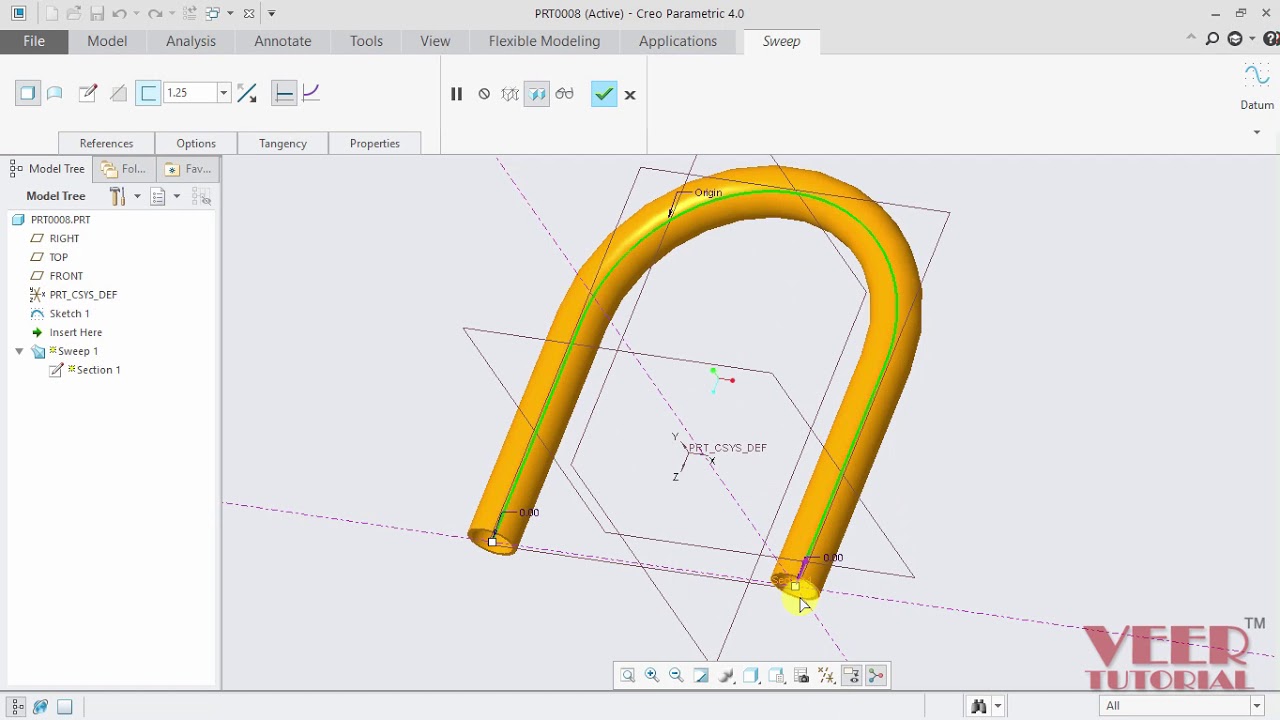 Creo Parametric 4.0 (Pro/E) 3D Modelling course Sweep feature Part 1