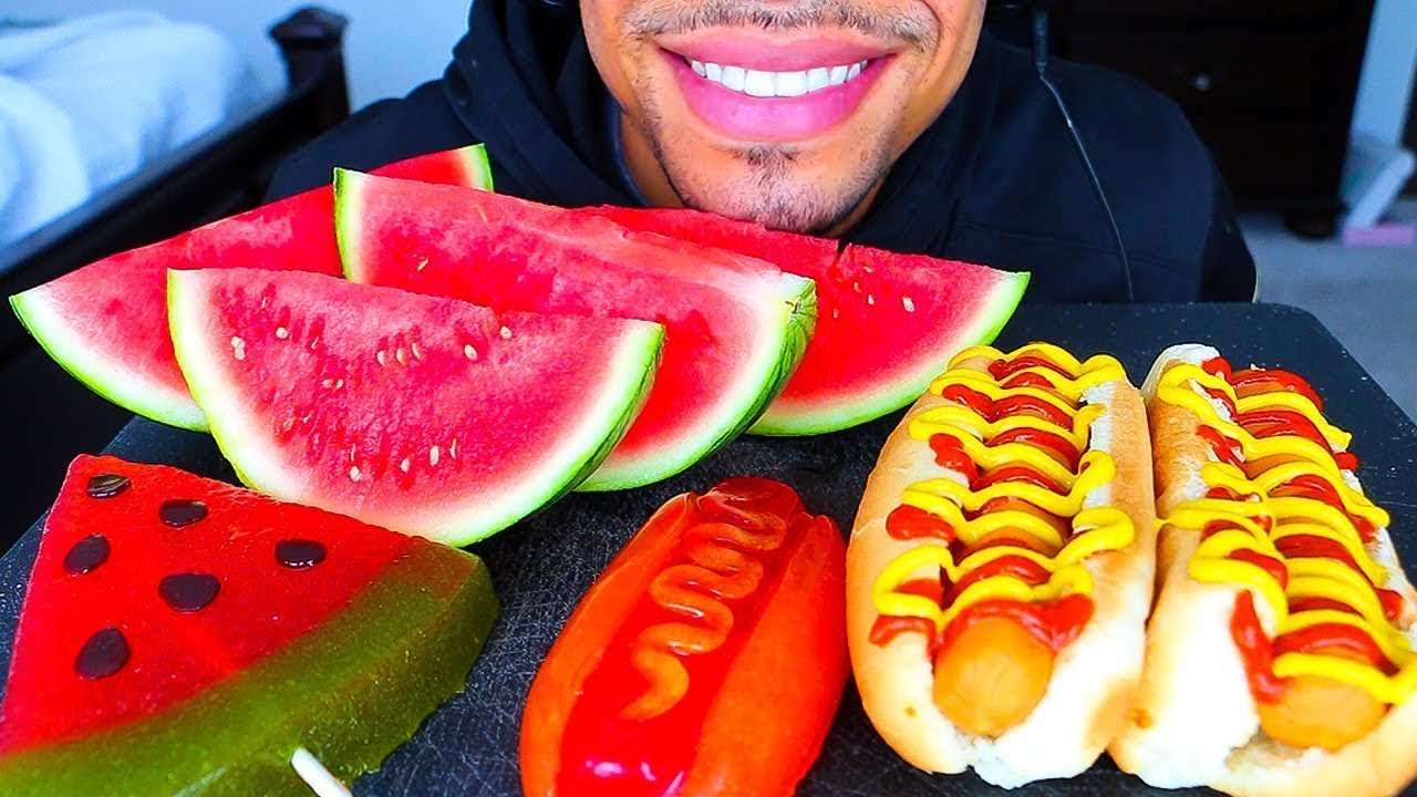ASMR GUMMY VS REAL FOOD HOT DOGS WATERMELON JUICY CHEWY EATING EDIBLE FAKE MUKBANG JERRY NO TALKING