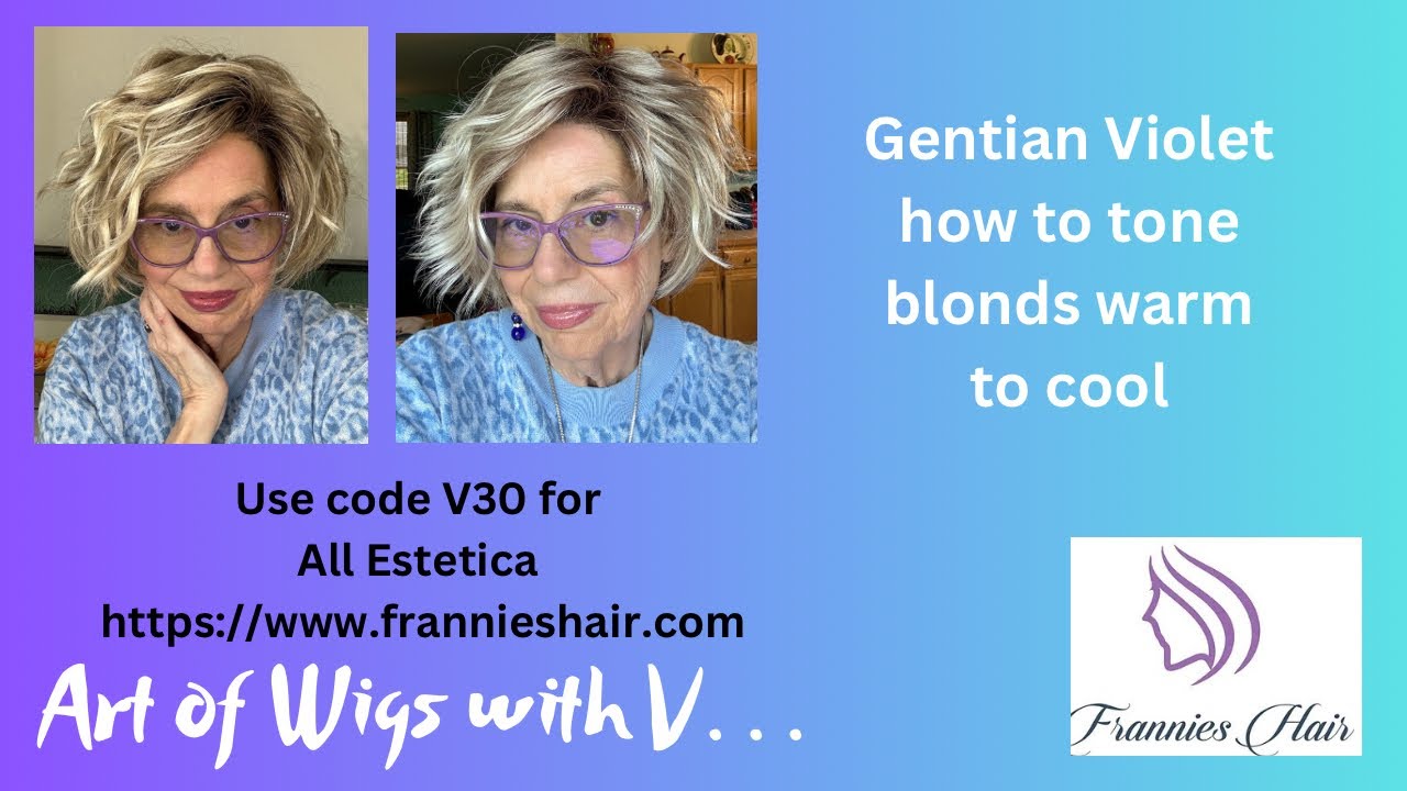 Gentian Violet toning a synthetic warm blond wig to a cool blond wig.