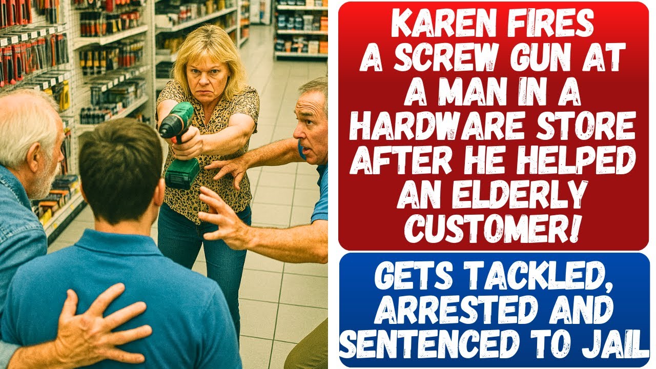 KAREN GETS TACKLED AFTER SHE FIRED A SCREW GUN AT A MAN FOR HELPING A CUSTOMER AT HARDWARE STORE!!!