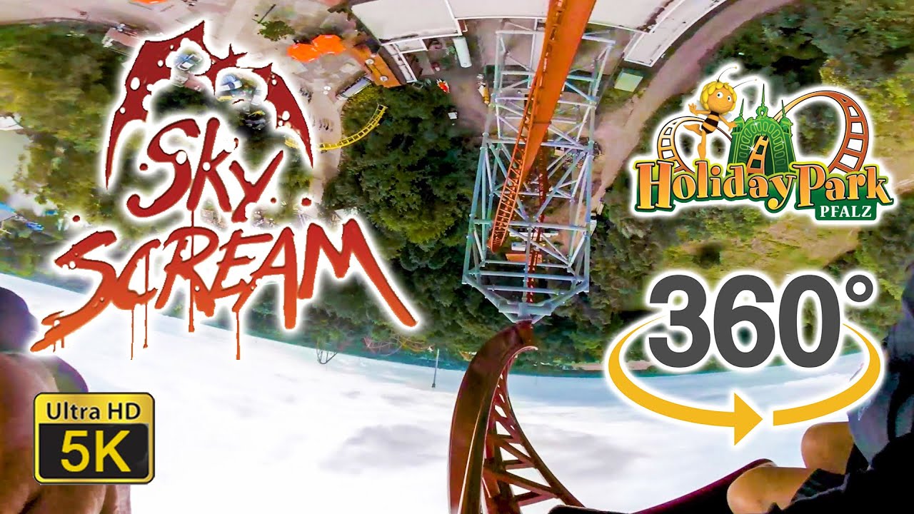 VR 360 Ultra HD 5K Sky Scream Roller Coaster On Ride Front Row POV with Queue Holiday Park, Germany