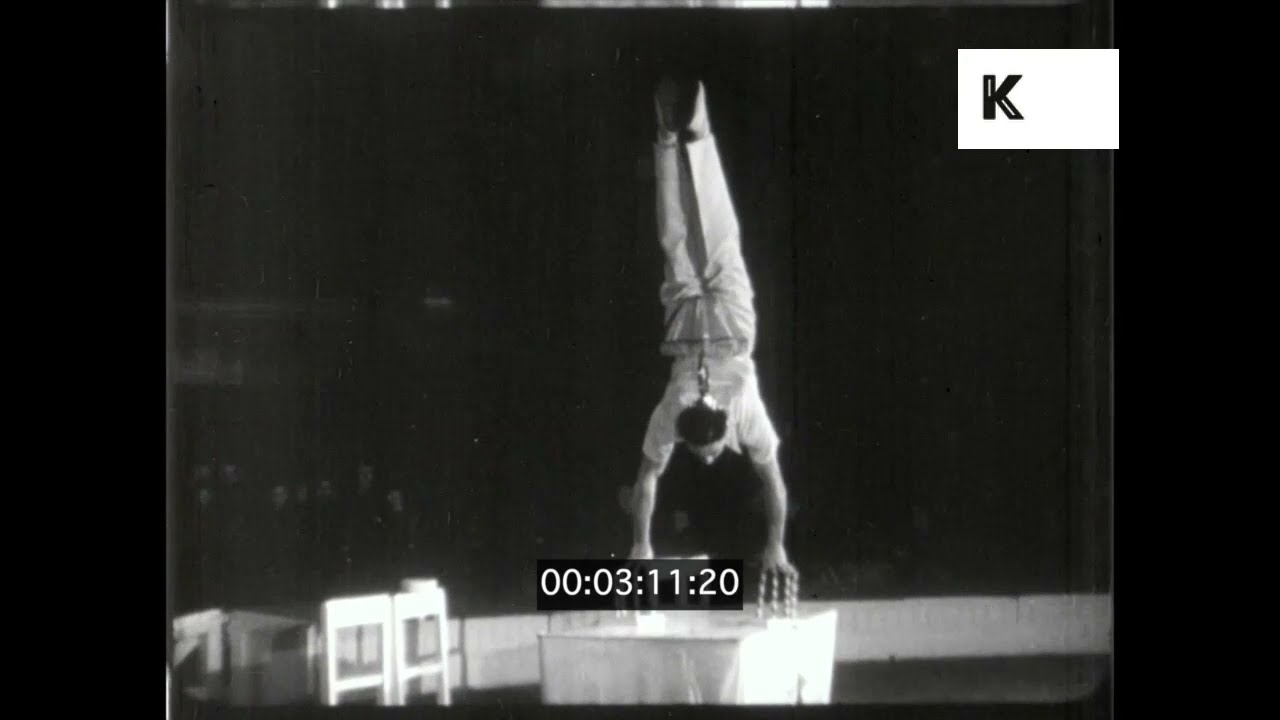 1940s UK, Circus Show, Acrobats, Trapeze, Tightrope Walker, 16mm
