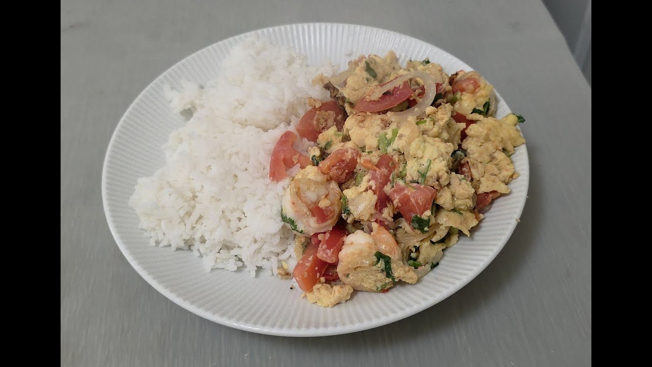 Vietnamese egg and shrimp dish over rice