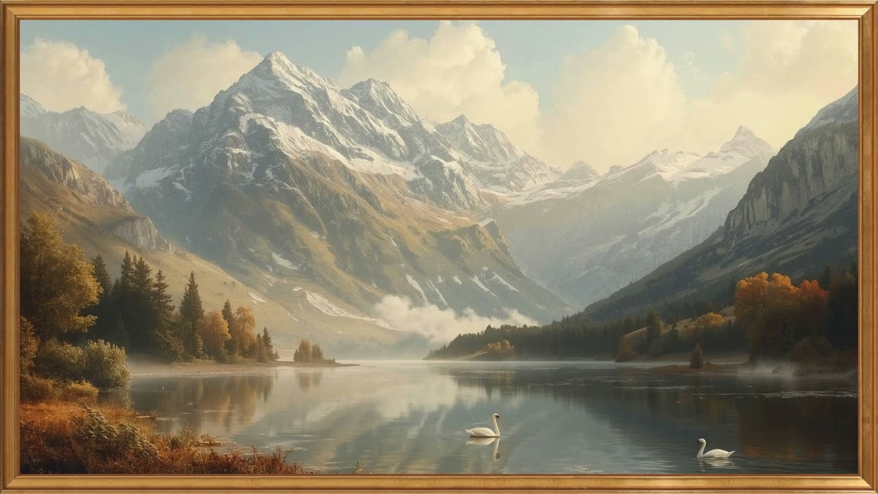 Serene Alpine Lake with Swans Painted | 2H | Gold Frame TV Art 🔇