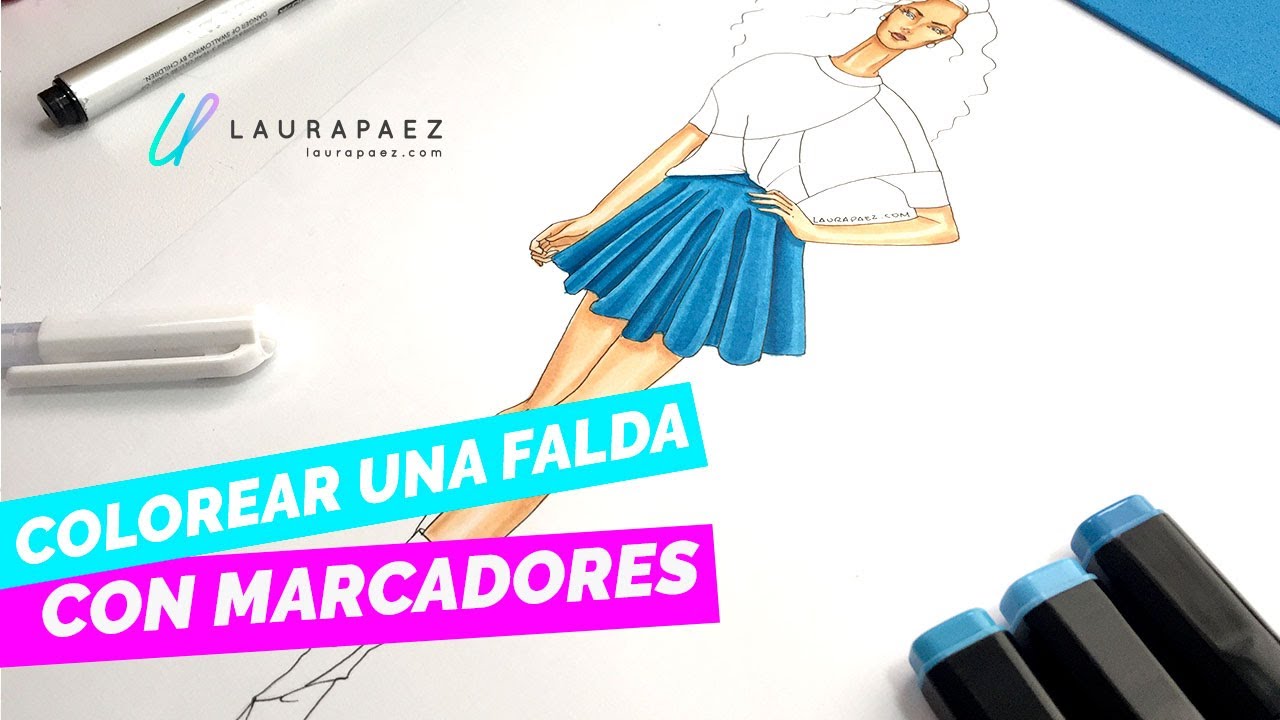 Colorear una falda semibrillante con marcadores en figurines de moda