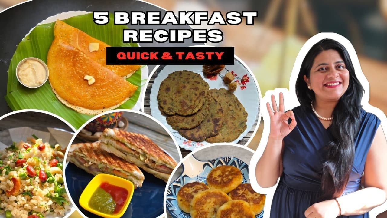5 Easy Breakfast Recipes | Instant Benne Dosa | Poha | Bombay sandwich | Meethi Dhebra | cutlets